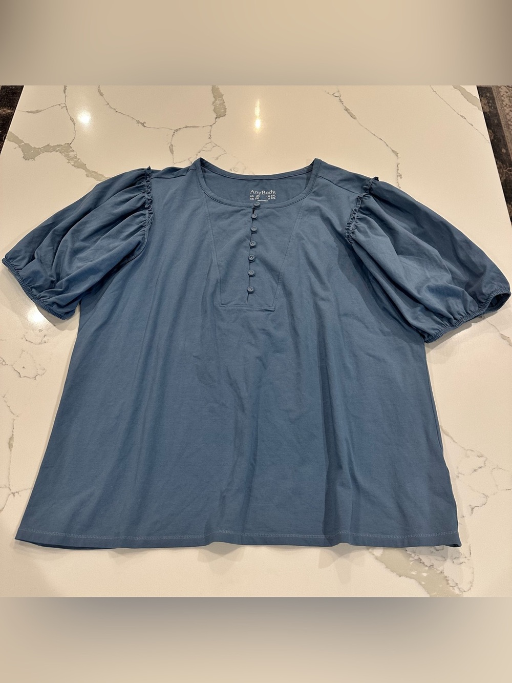 AnyBody Blue Puff Short Sleeve Henley Top Blouse Plus Size 2XL Boho Casual Knit - Picture 3 of 9